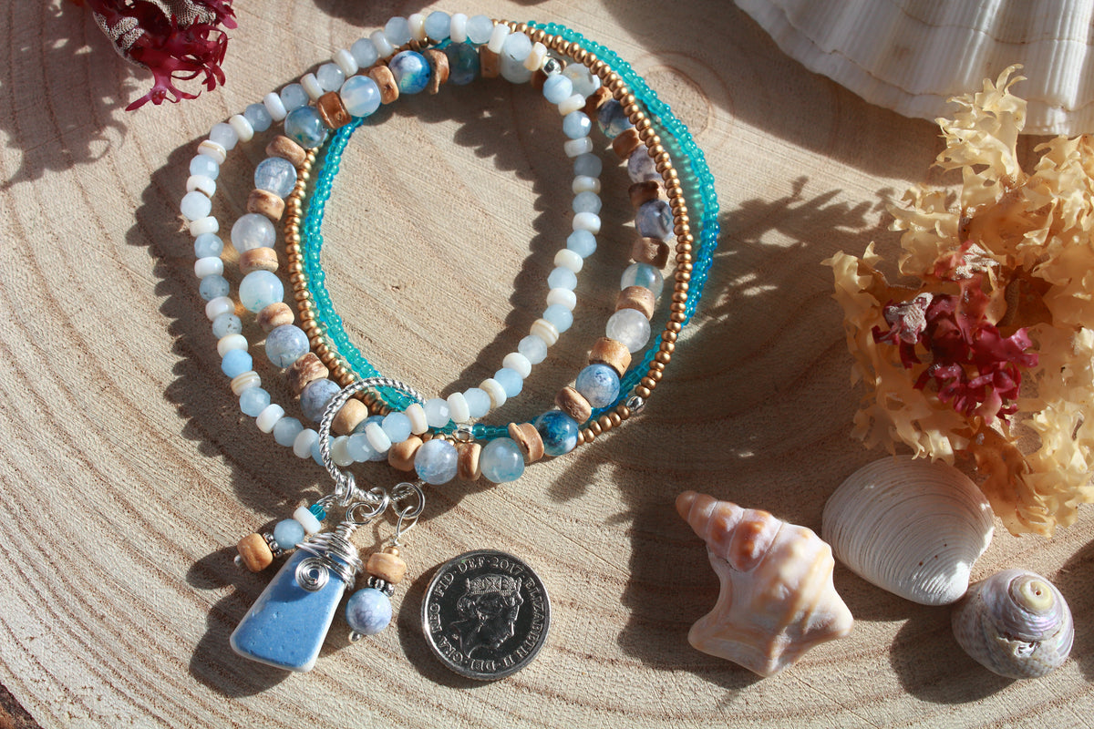 Beachy Beaded Stretch Sea Pottery Bracelet , Boho Irish Jewellery
