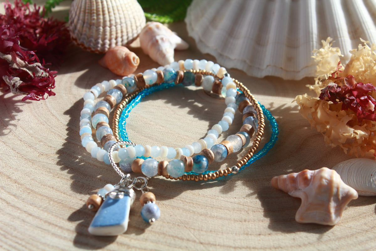 Beachy Beaded Stretch Sea Pottery Bracelet , Boho Irish Jewellery