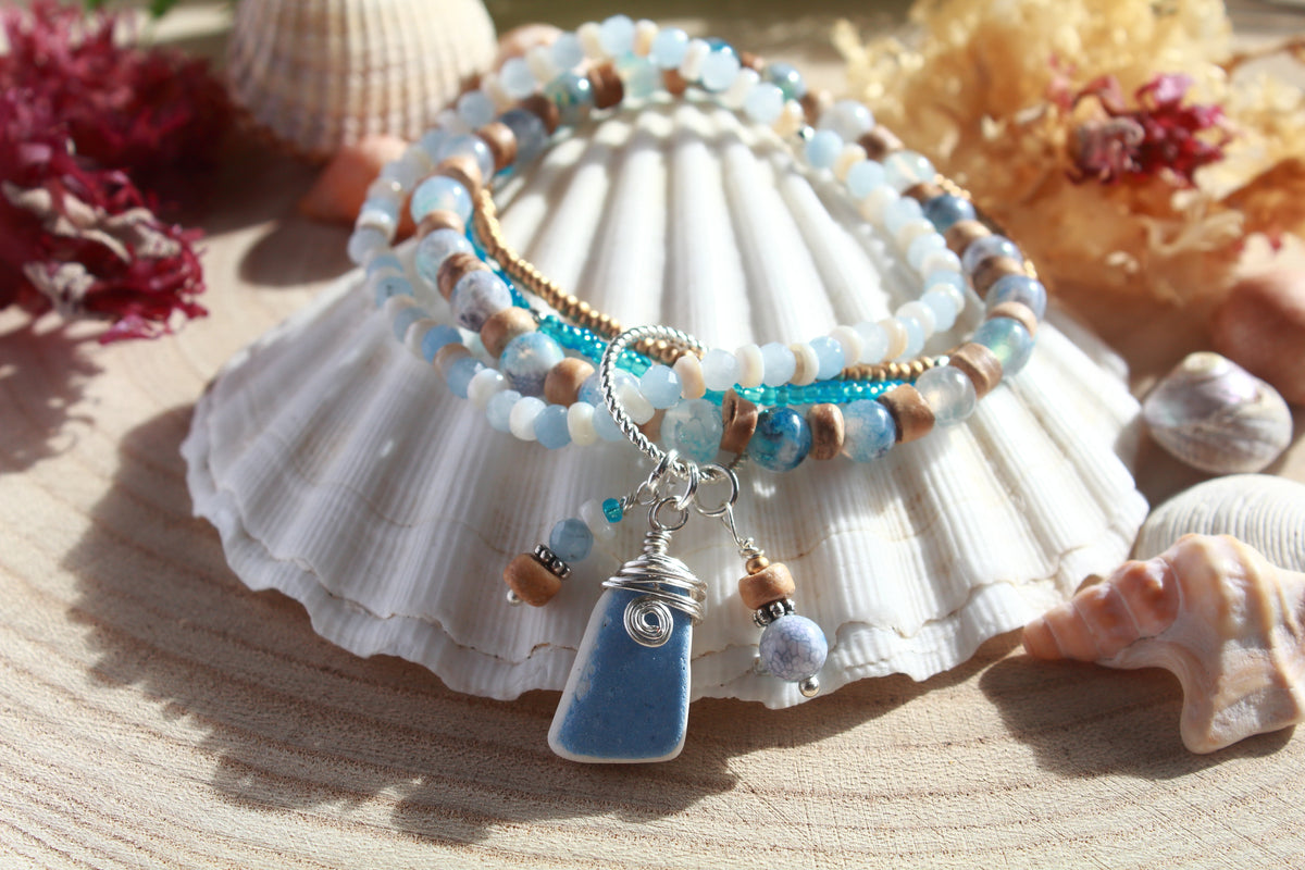 Beachy Beaded Stretch Sea Pottery Bracelet , Boho Irish Jewellery