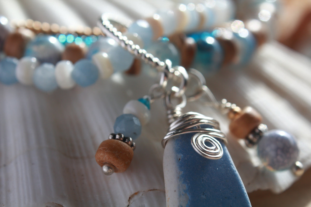 Beachy Beaded Stretch Sea Pottery Bracelet , Boho Irish Jewellery