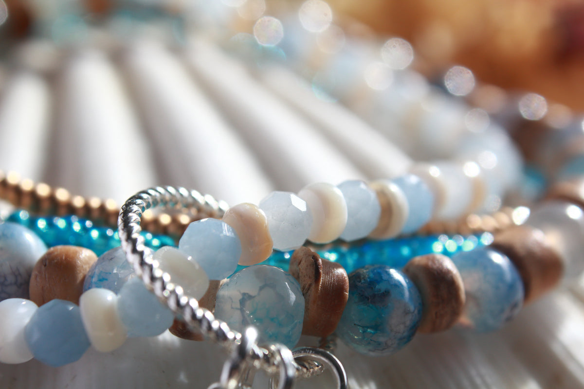 Beachy Beaded Stretch Sea Pottery Bracelet , Boho Irish Jewellery