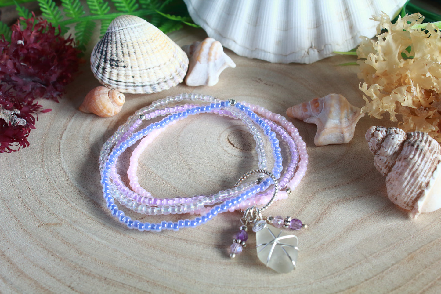 Pastel Pink & Lilac Beaded Sea Glass Bracelet