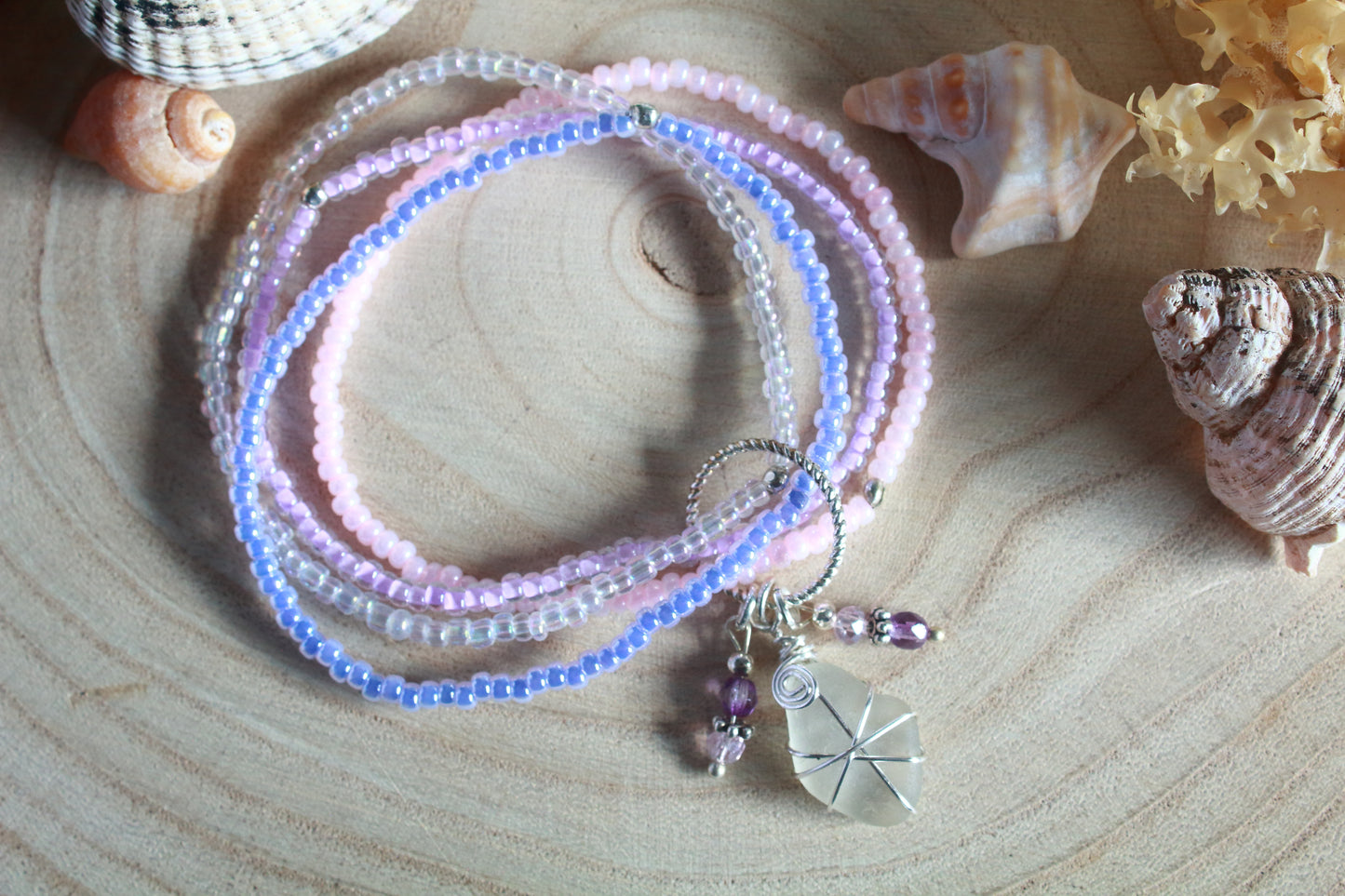 Pastel Pink & Lilac Beaded Sea Glass Bracelet