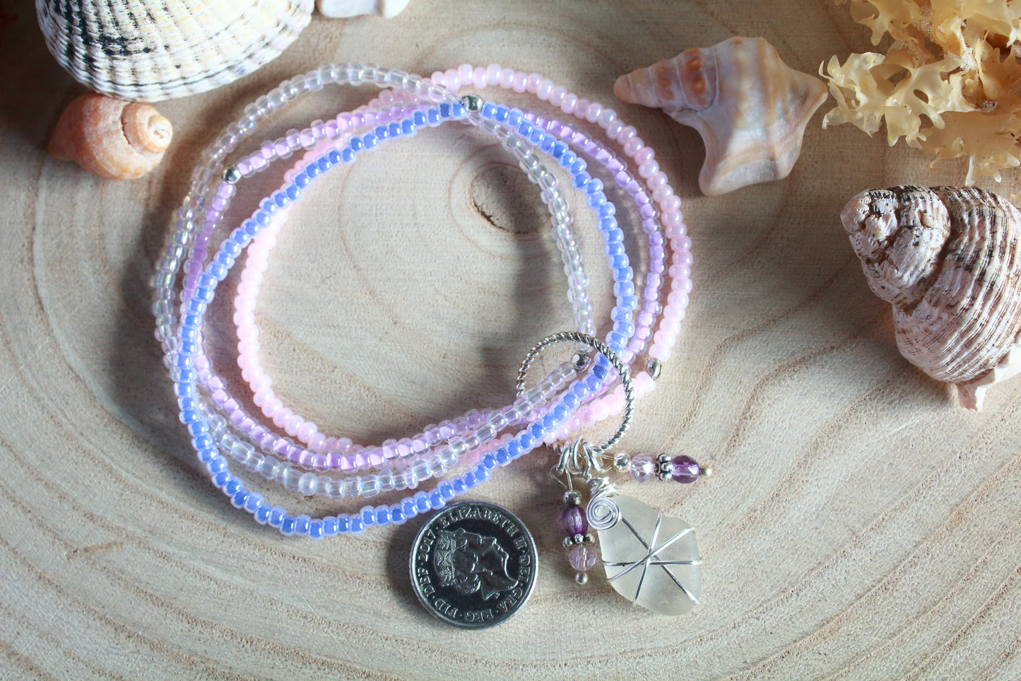 Pastel Pink & Lilac Beaded Sea Glass Bracelet