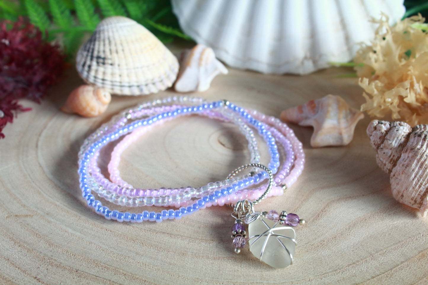 Pastel Pink & Lilac Beaded Sea Glass Bracelet