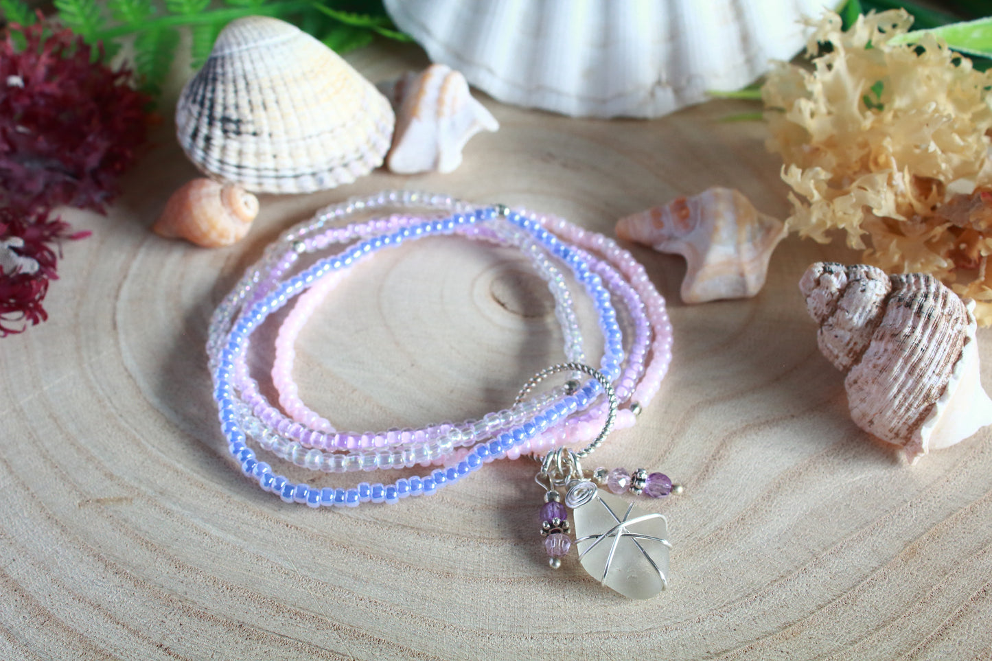 Pastel Pink & Lilac Beaded Sea Glass Bracelet