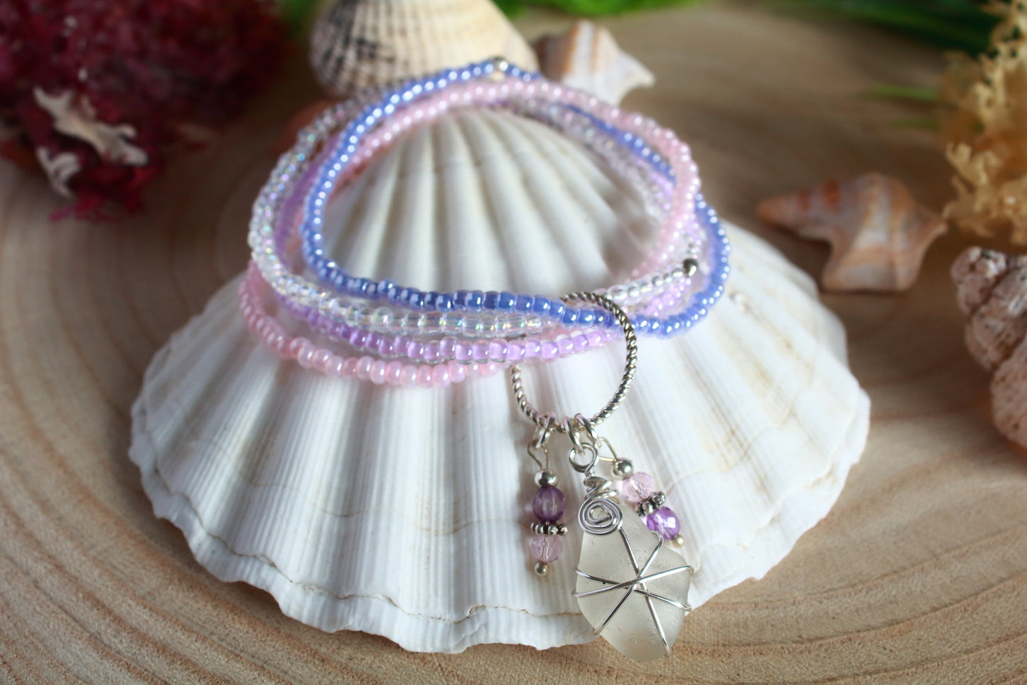 Pastel Pink & Lilac Beaded Sea Glass Bracelet