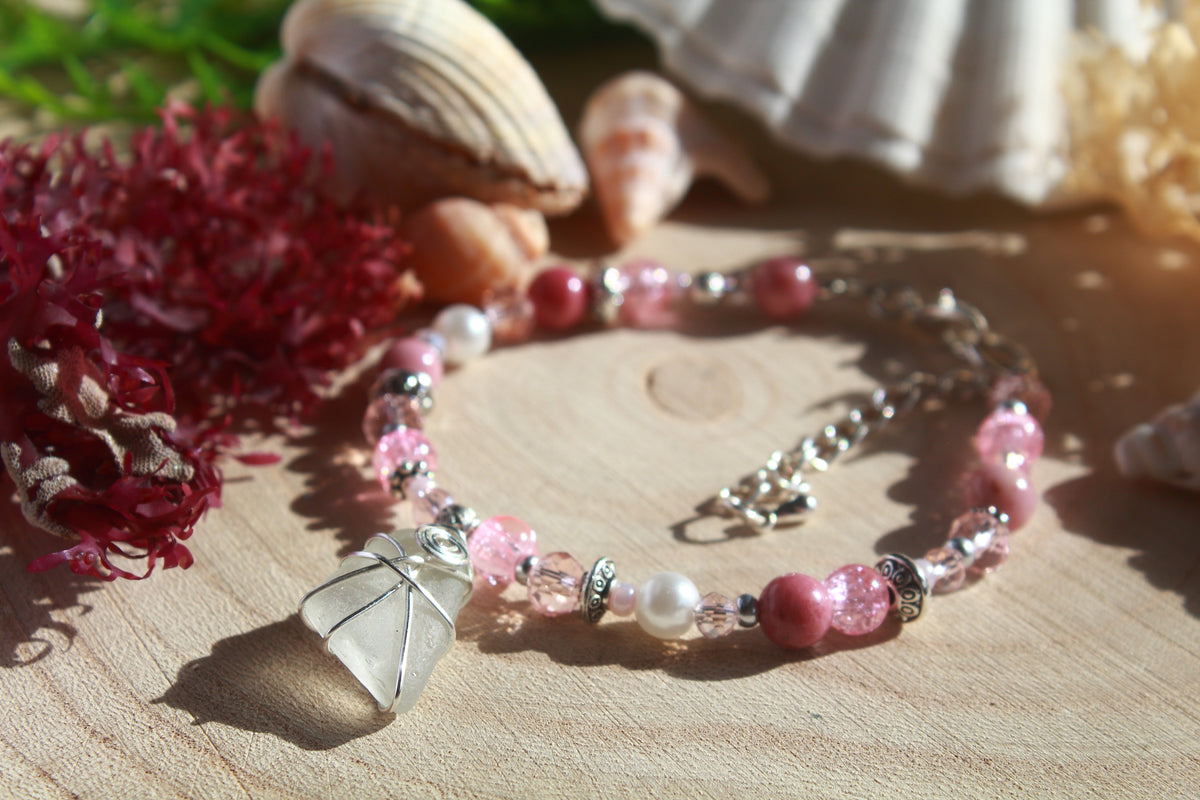 Pink White  Beaded Sea Glass Bracelet , Boho Irish Sea Glass Jewellery