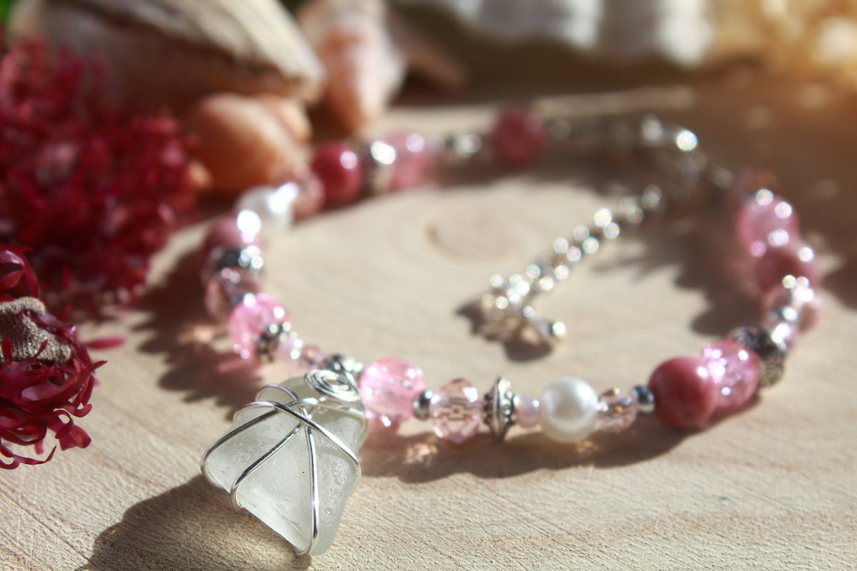 Pink White  Beaded Sea Glass Bracelet , Boho Irish Sea Glass Jewellery