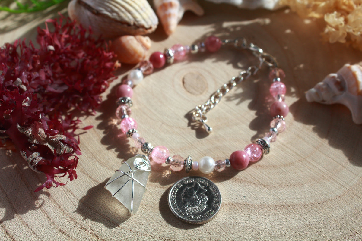 Pink White  Beaded Sea Glass Bracelet , Boho Irish Sea Glass Jewellery