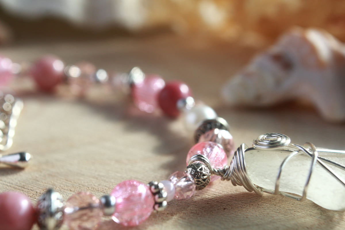Pink White  Beaded Sea Glass Bracelet , Boho Irish Sea Glass Jewellery