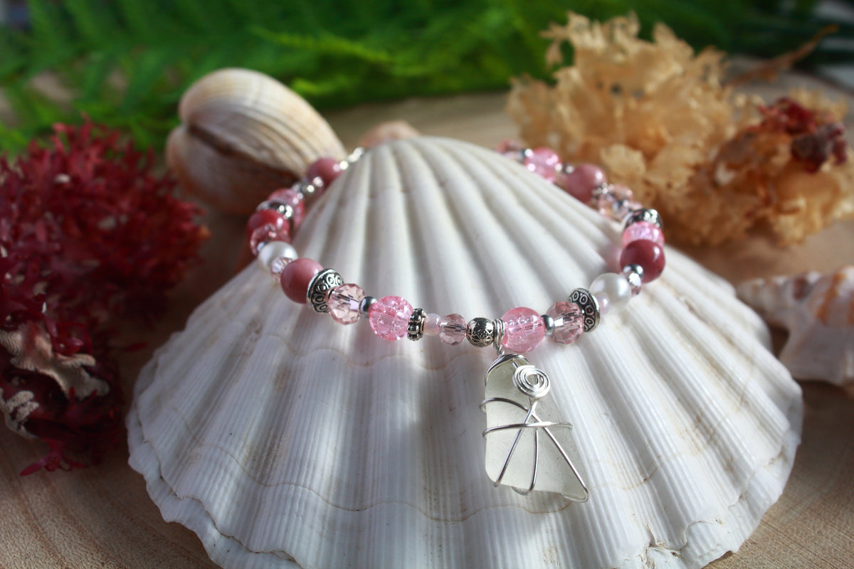 Pink White  Beaded Sea Glass Bracelet , Boho Irish Sea Glass Jewellery