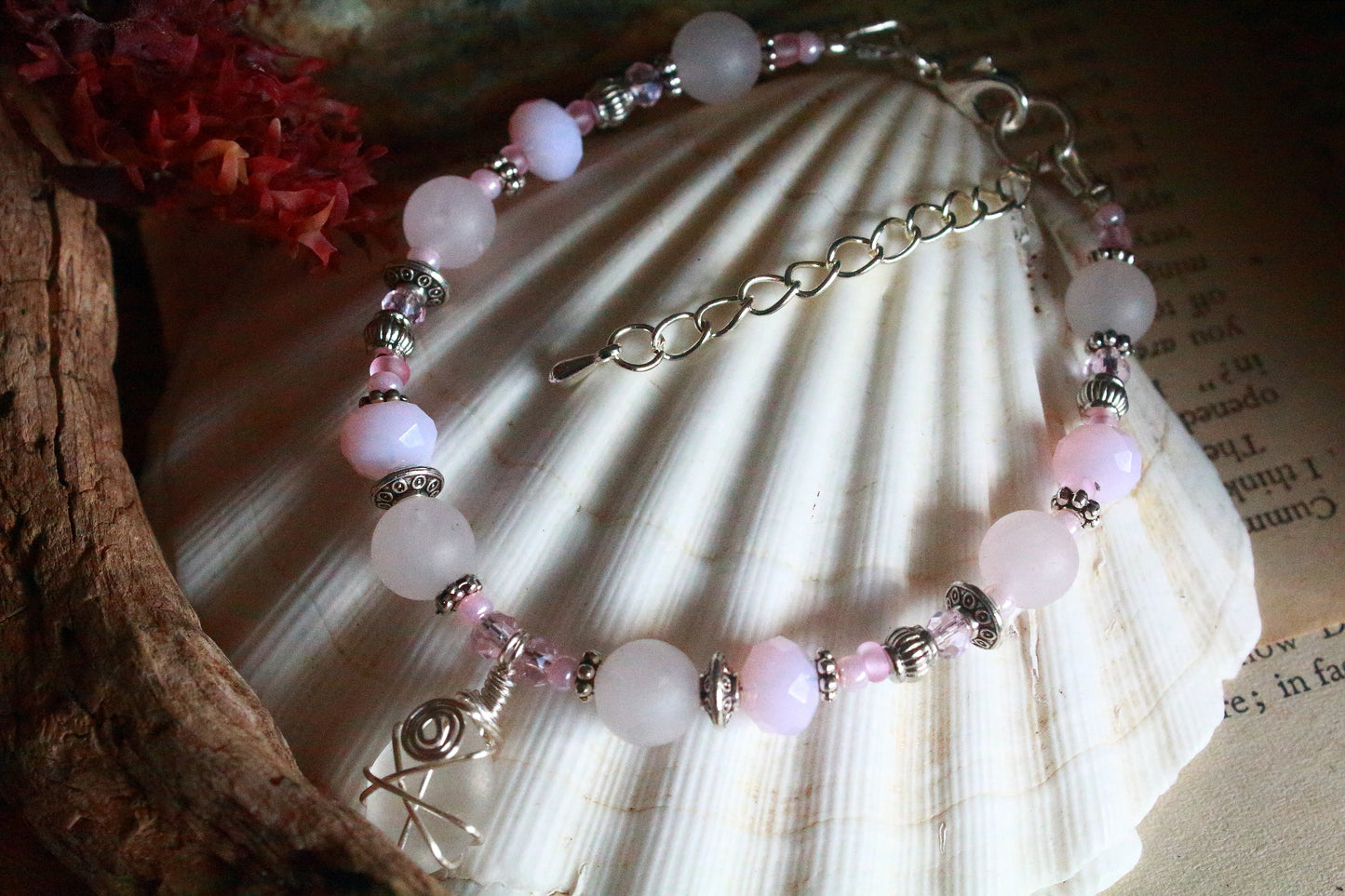 Pink & White Irish Sea Glass Bracelet, Spring Cherry Blossom Inspired