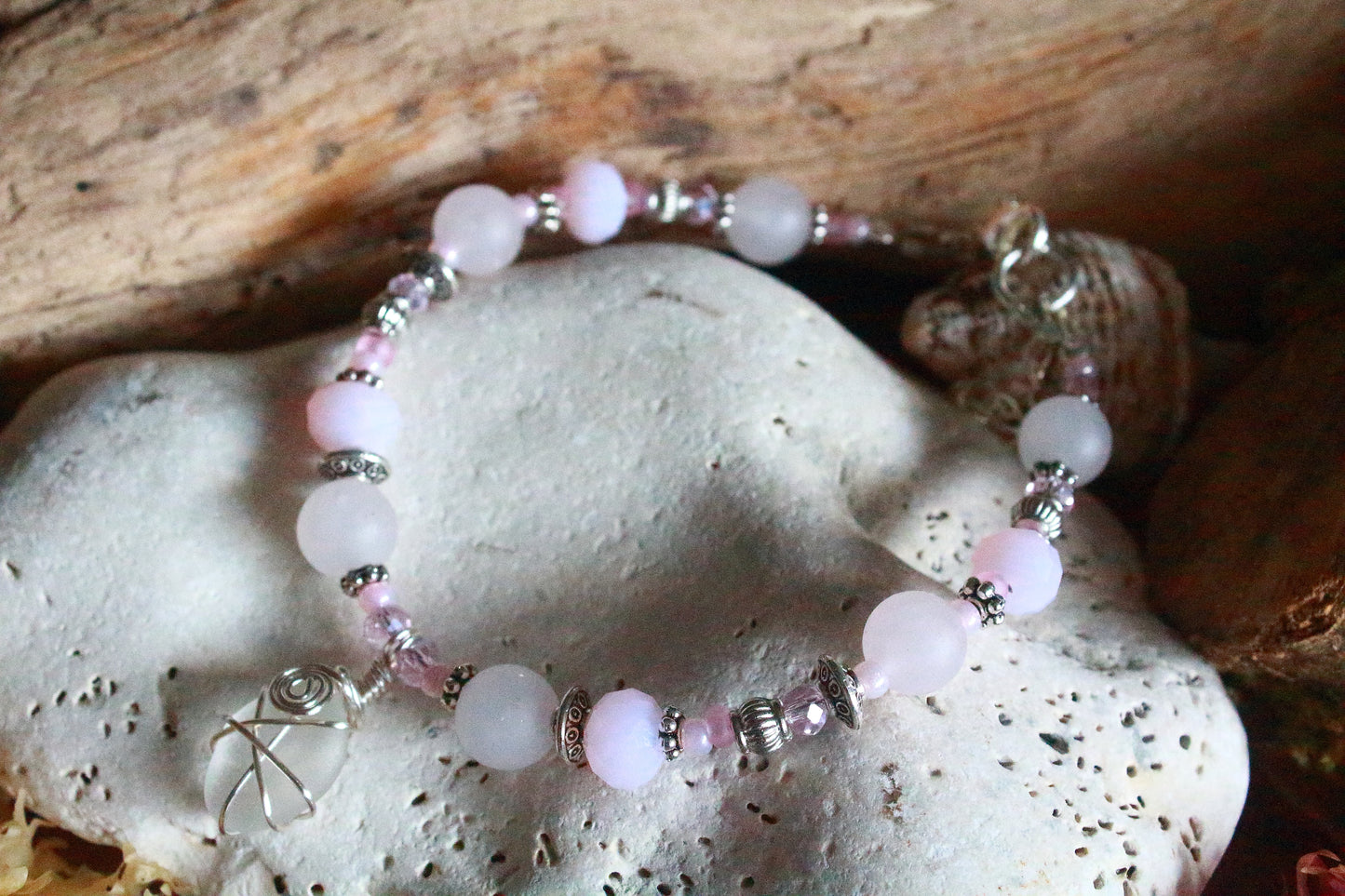 Pink & White Irish Sea Glass Bracelet, Spring Cherry Blossom Inspired