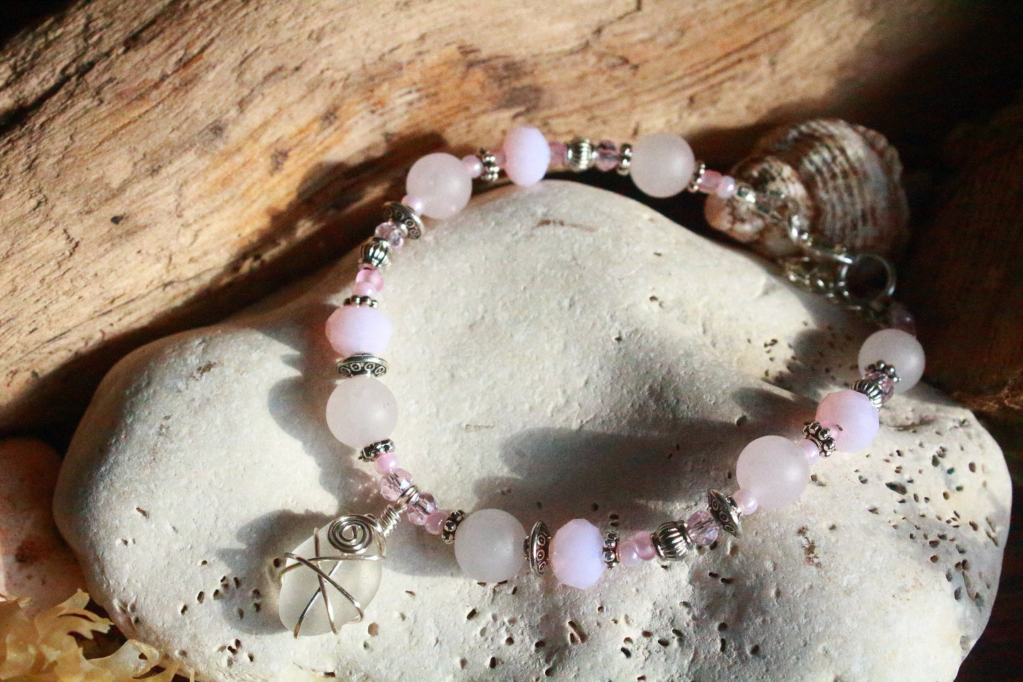 Pink & White Irish Sea Glass Bracelet, Spring Cherry Blossom Inspired