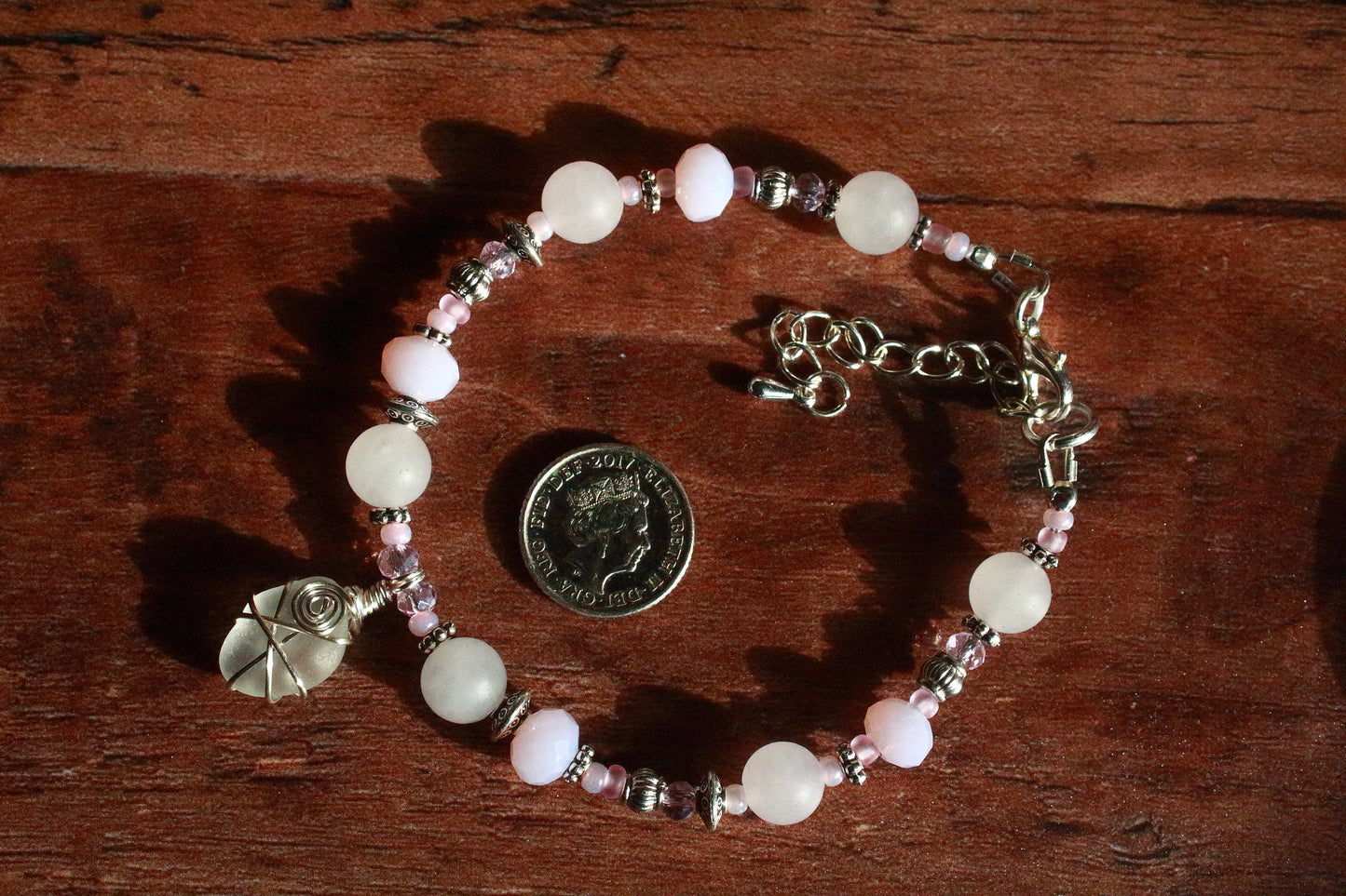 Pink & White Irish Sea Glass Bracelet, Spring Cherry Blossom Inspired