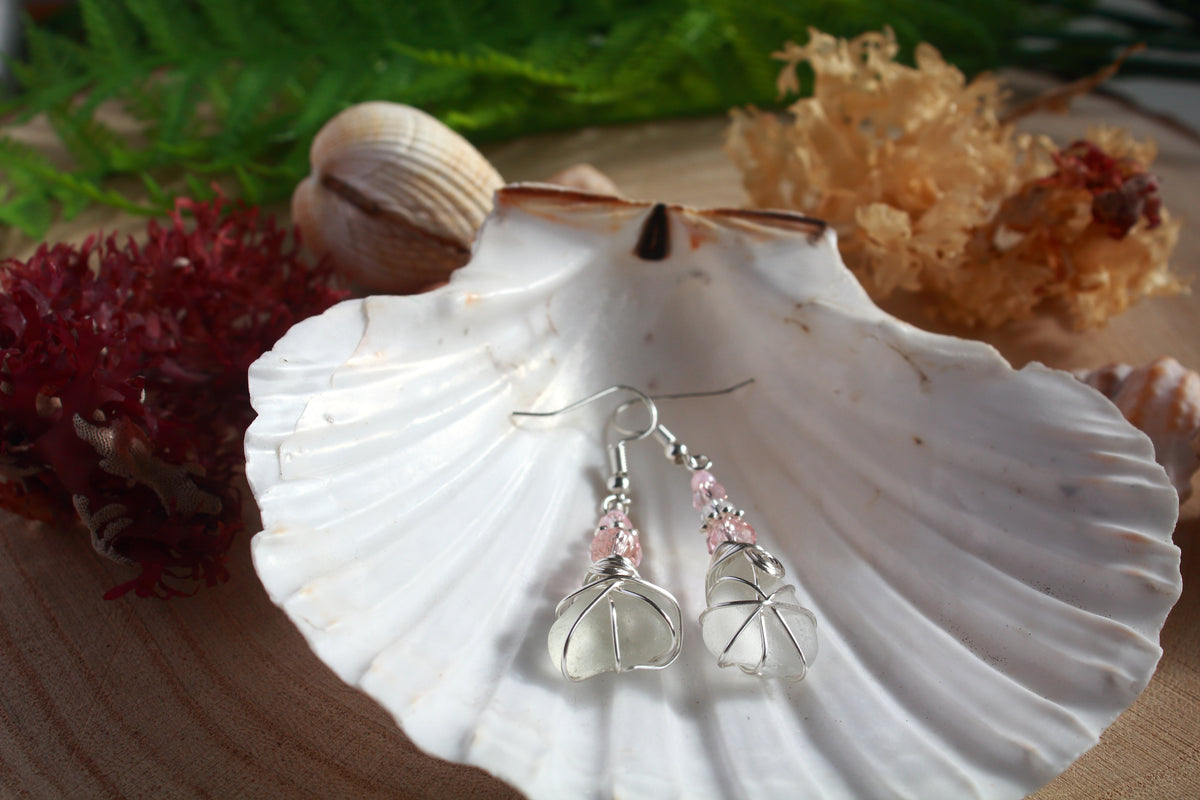 Frosted White Irish Sea Glass Pink Beaded Earrings, Boho Irish Jewellery