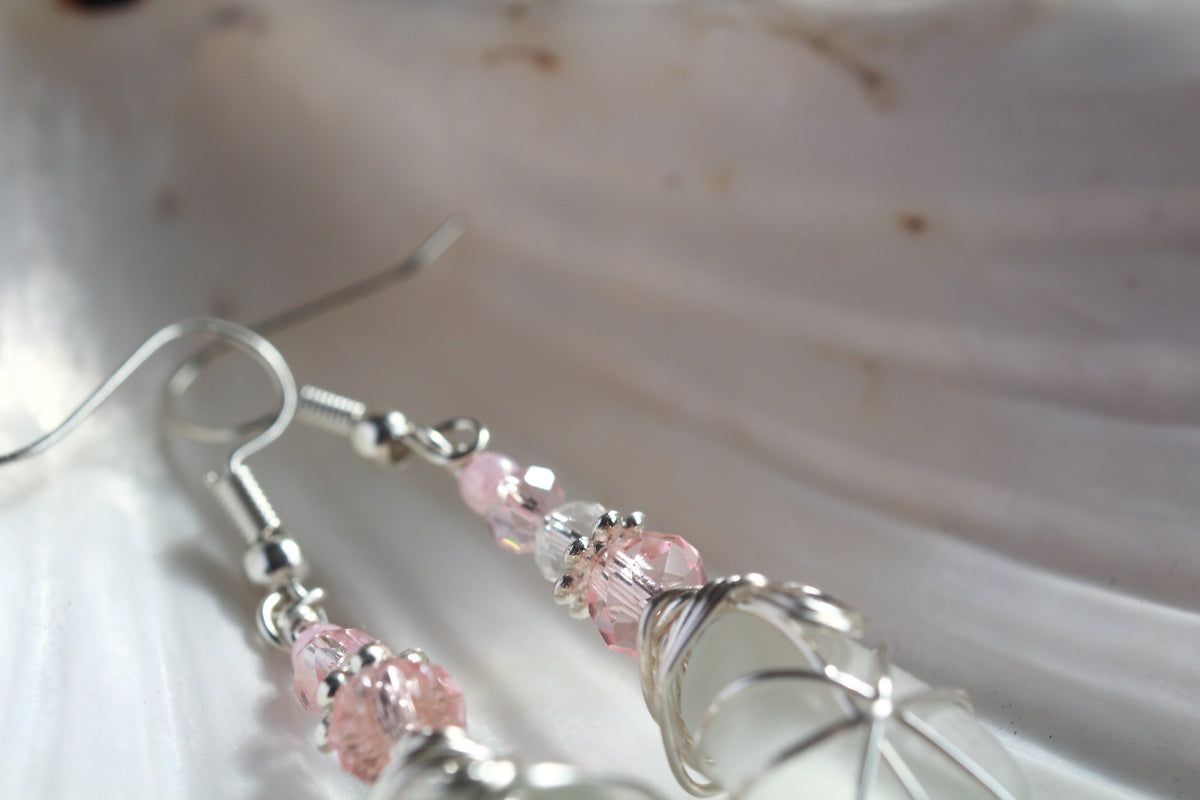Frosted White Irish Sea Glass Pink Beaded Earrings, Boho Irish Jewellery