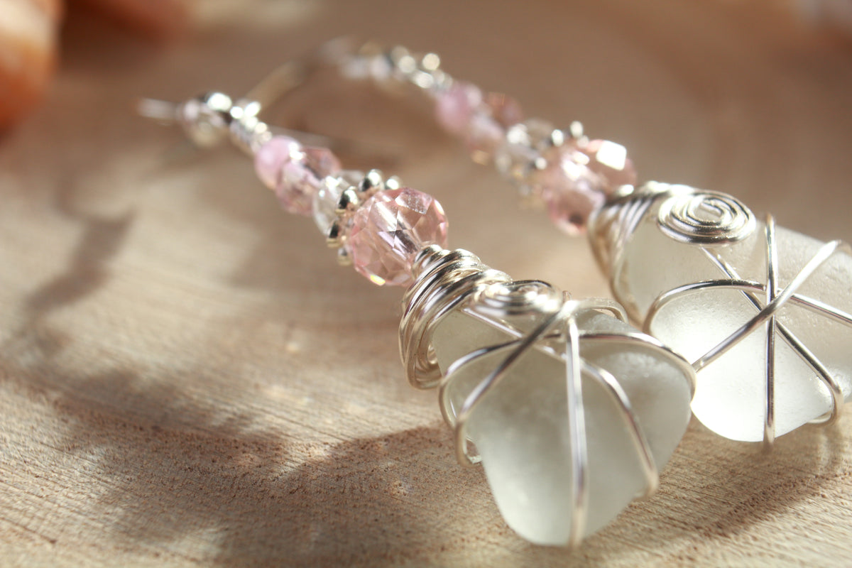Frosted White Irish Sea Glass Pink Beaded Earrings, Boho Irish Jewellery