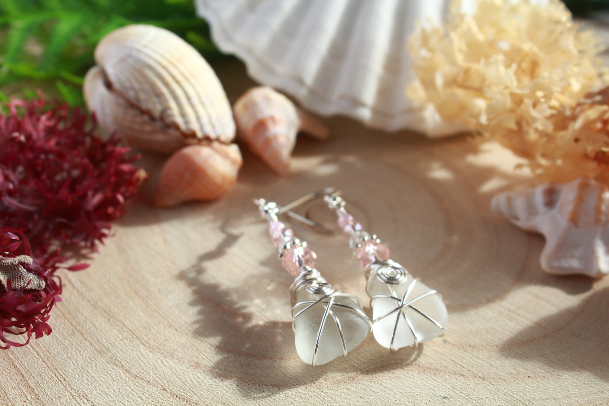 Frosted White Irish Sea Glass Pink Beaded Earrings, Boho Irish Jewellery