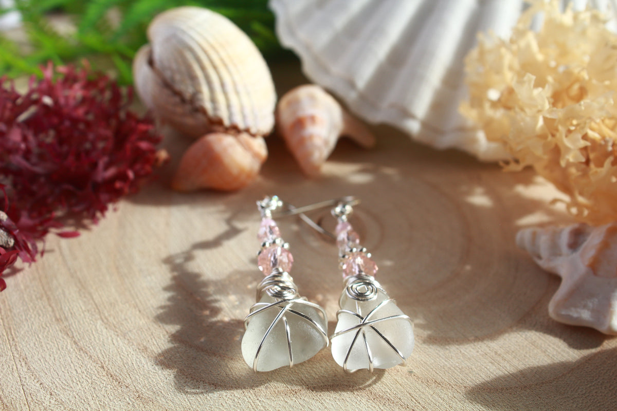 Frosted White Irish Sea Glass Pink Beaded Earrings, Boho Irish Jewellery