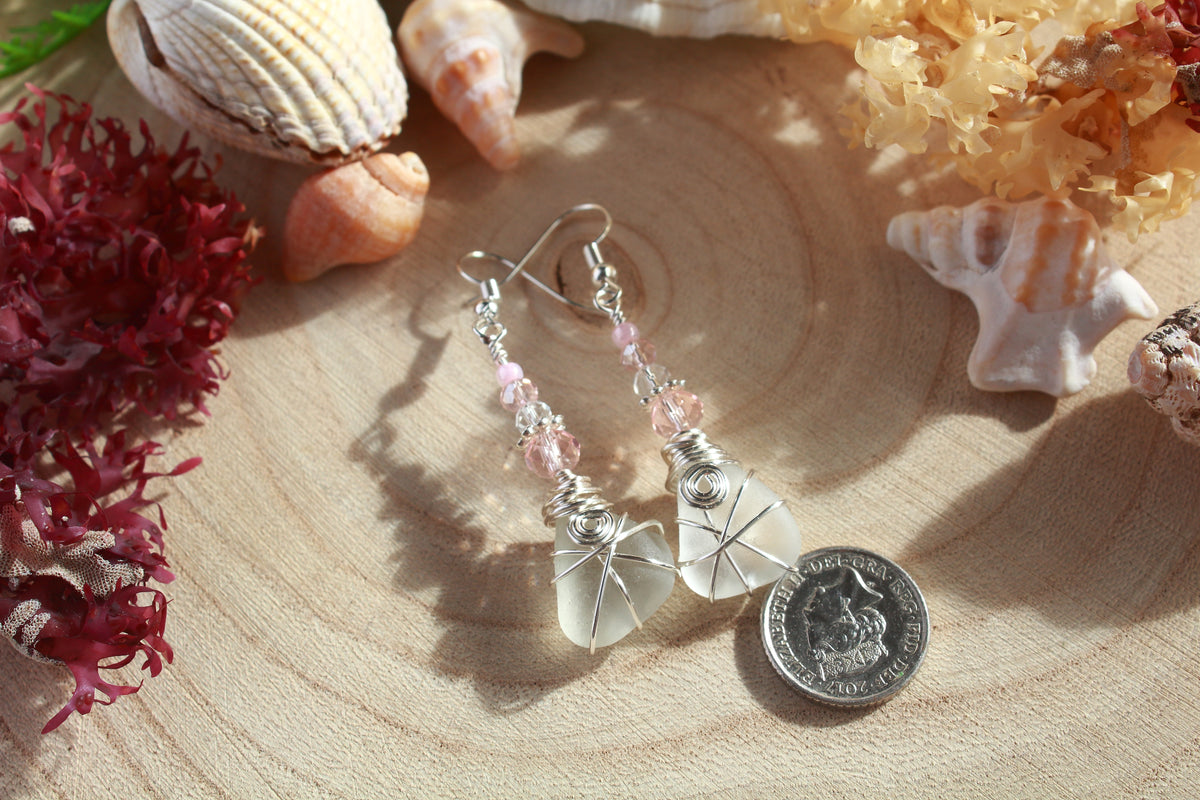 Frosted White Irish Sea Glass Pink Beaded Earrings, Boho Irish Jewellery