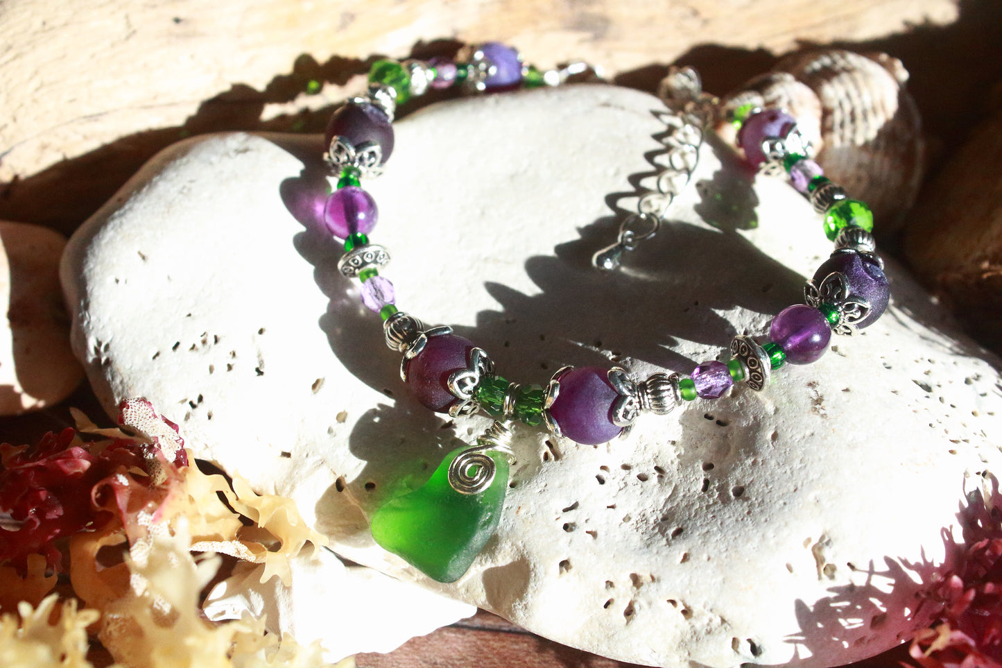 Purple & Green Irish Sea Glass Bracelet, Wood Violet Inspired