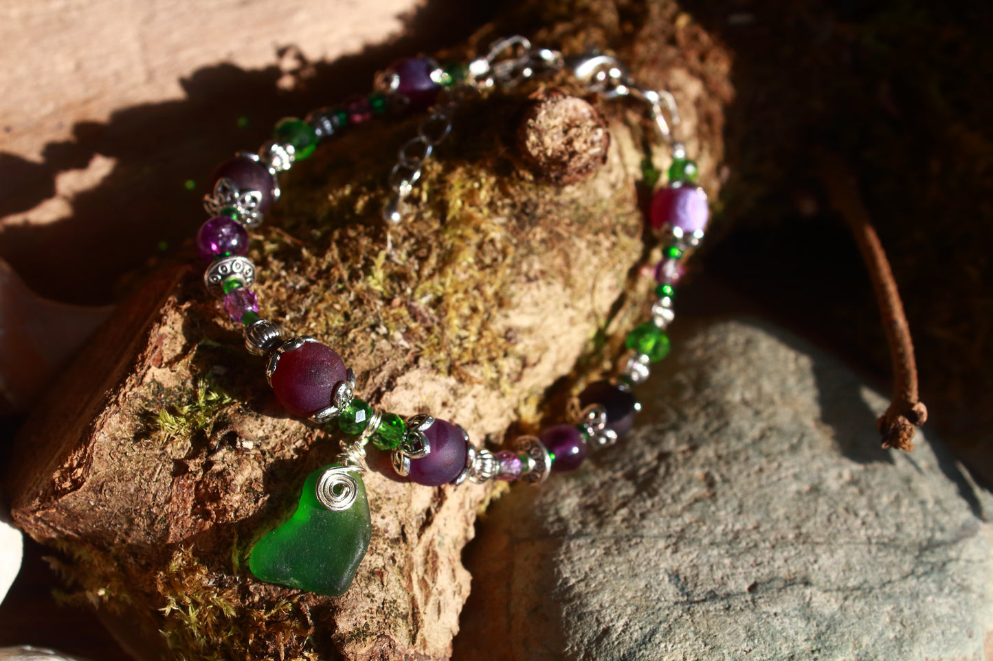 Purple & Green Irish Sea Glass Bracelet, Wood Violet Inspired