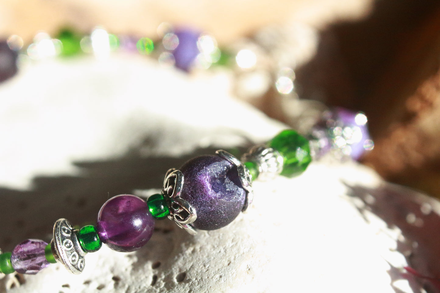 Purple & Green Irish Sea Glass Bracelet, Wood Violet Inspired