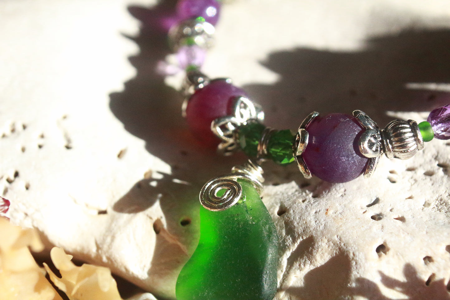 Purple & Green Irish Sea Glass Bracelet, Wood Violet Inspired