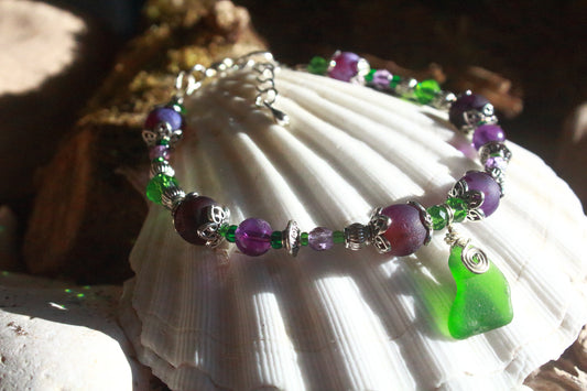 Purple & Green Irish Sea Glass Bracelet, Wood Violet Inspired