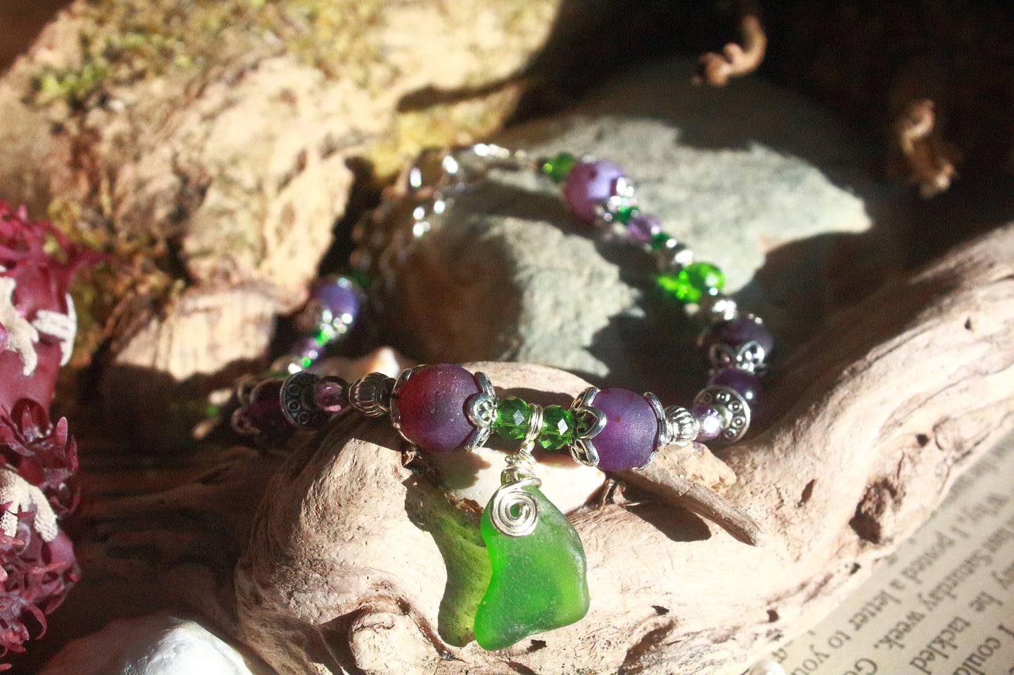 Purple & Green Irish Sea Glass Bracelet, Wood Violet Inspired