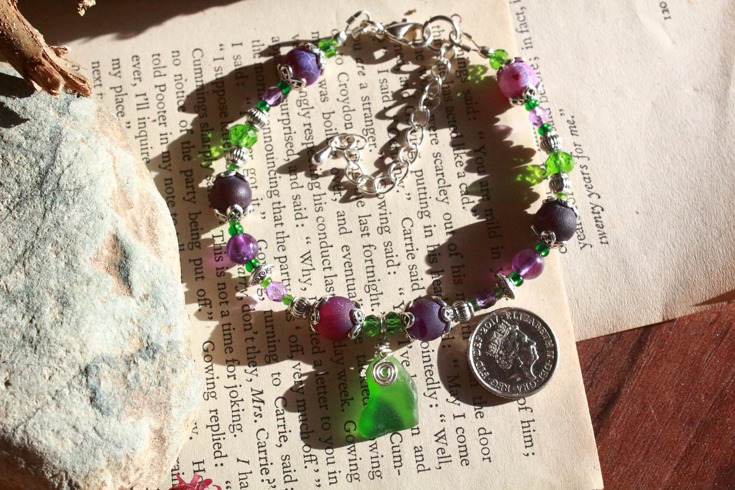 Purple & Green Irish Sea Glass Bracelet, Wood Violet Inspired
