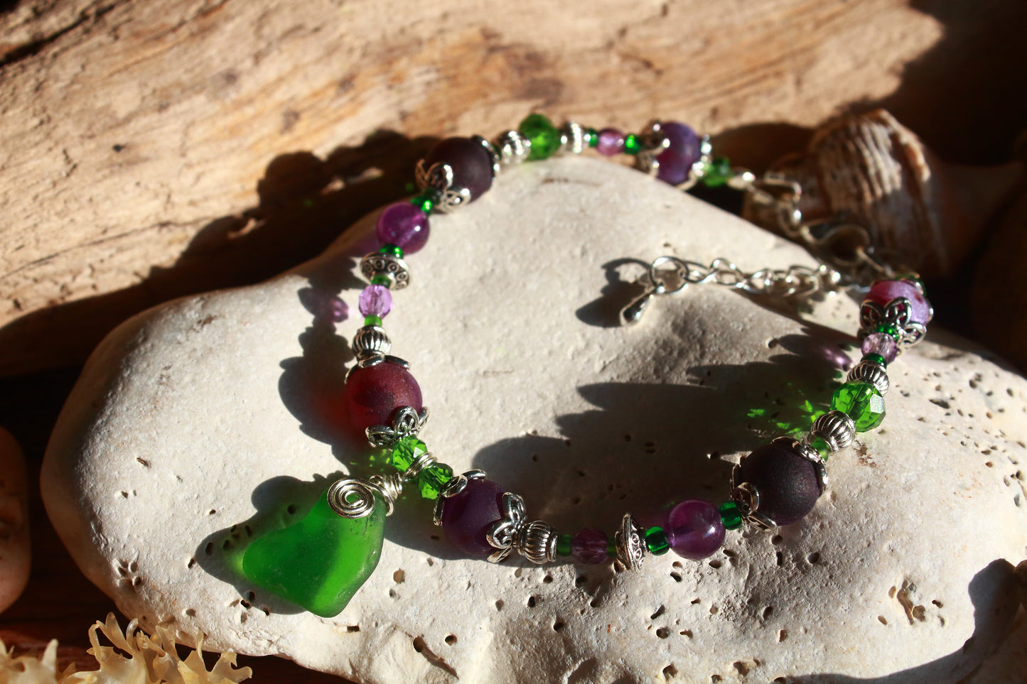 Purple & Green Irish Sea Glass Bracelet, Wood Violet Inspired