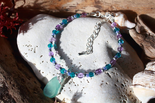 Purple Beaded Sea Glass Silver Bracelet