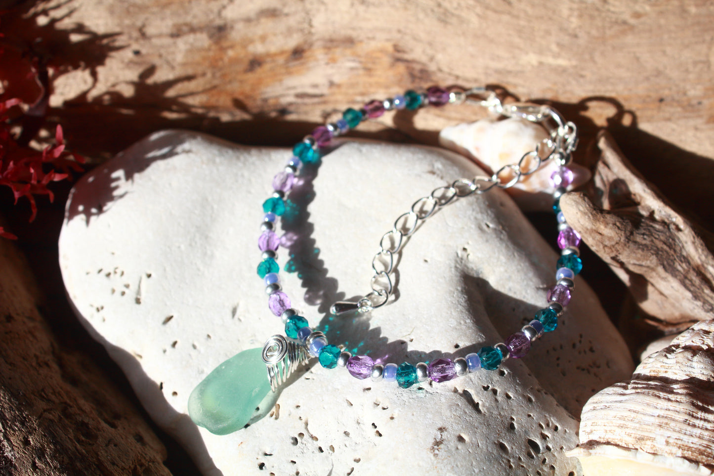Purple Beaded Sea Glass Silver Bracelet