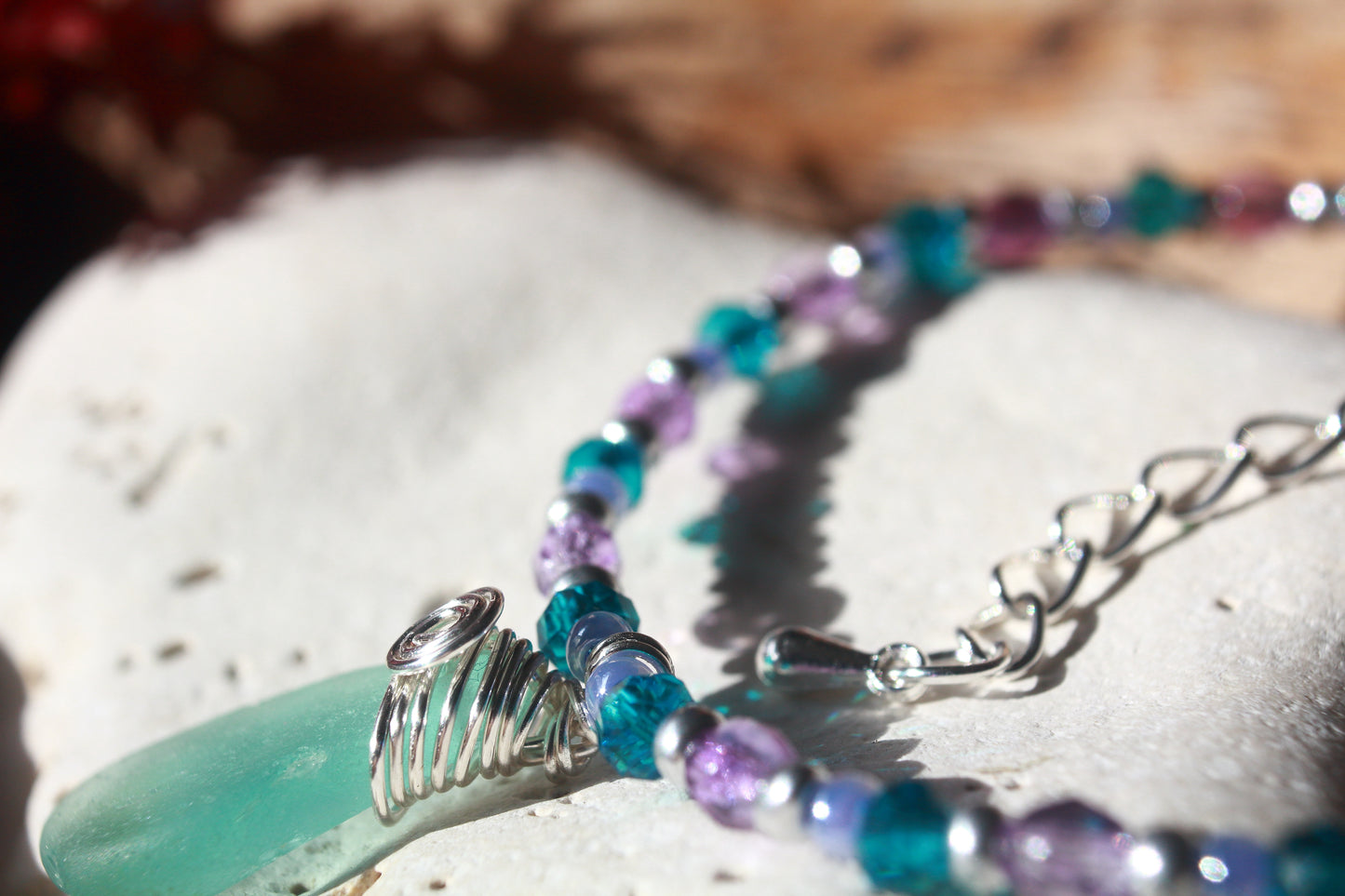 Purple Beaded Sea Glass Silver Bracelet