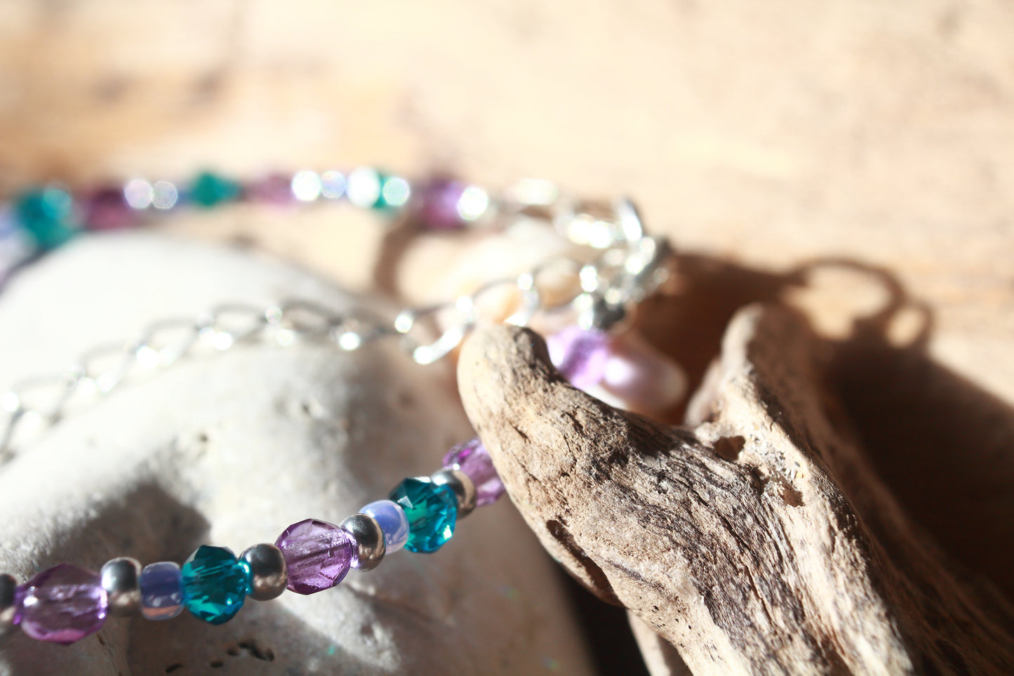 Purple Beaded Sea Glass Silver Bracelet