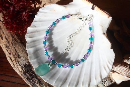 Purple Beaded Sea Glass Silver Bracelet