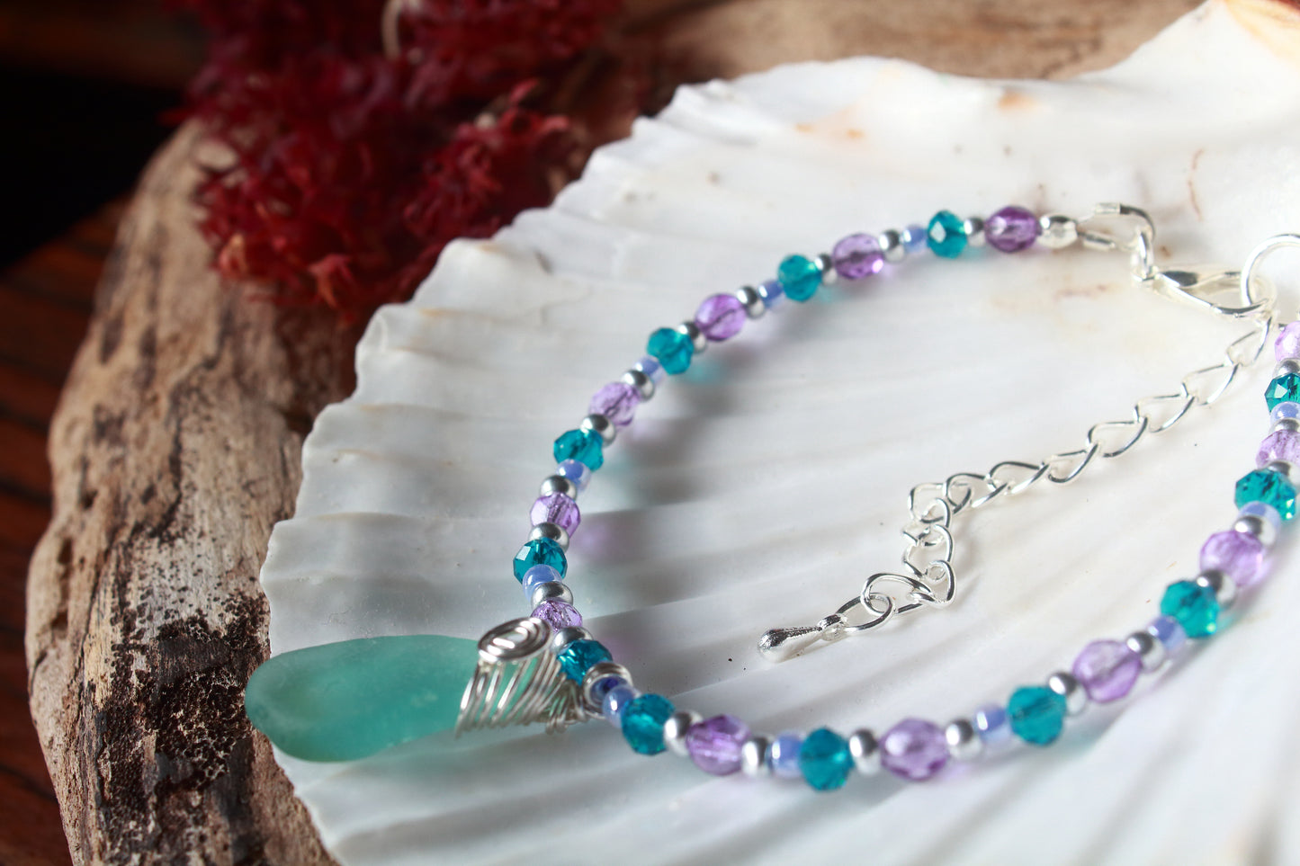 Purple Beaded Sea Glass Silver Bracelet