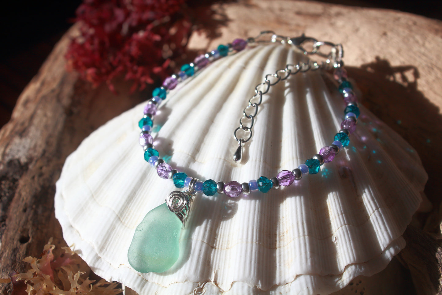Purple Beaded Sea Glass Silver Bracelet