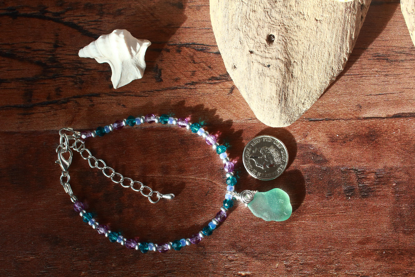 Purple Beaded Sea Glass Silver Bracelet