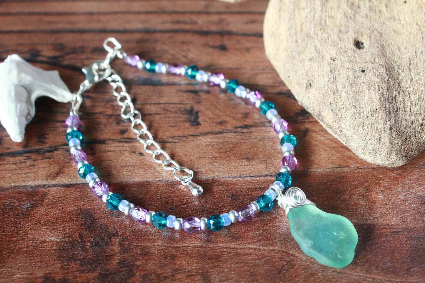 Purple Beaded Sea Glass Silver Bracelet