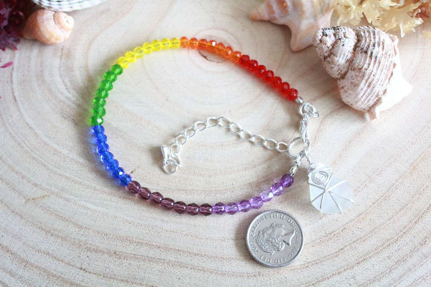 Rainbow Crystal Beaded Irish Sea Glass Bracelet