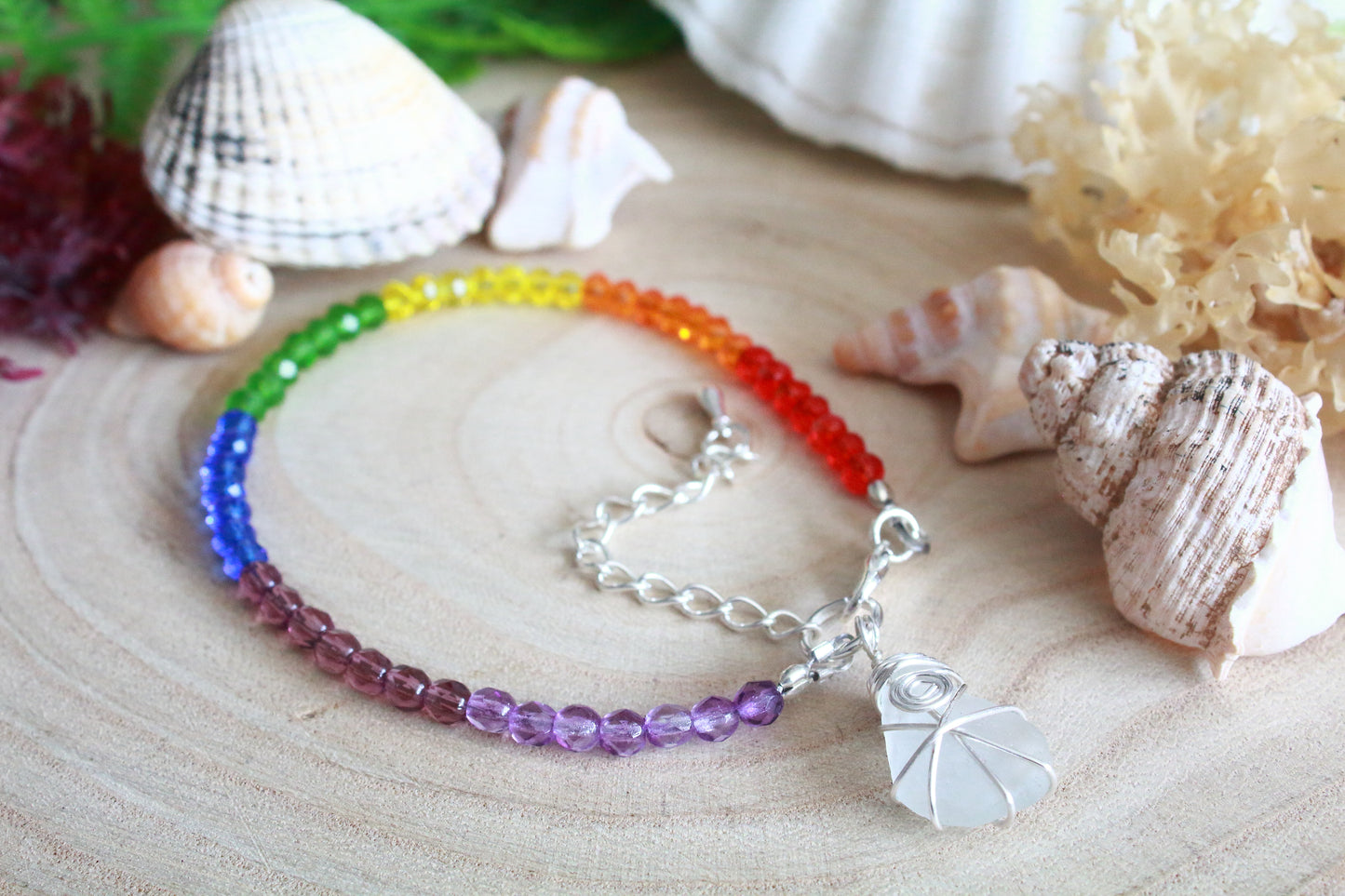 Rainbow Crystal Beaded Irish Sea Glass Bracelet