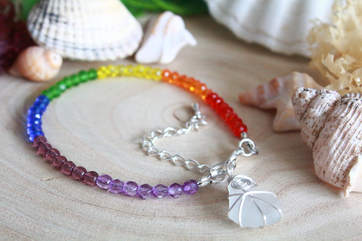 Rainbow Crystal Beaded Irish Sea Glass Bracelet