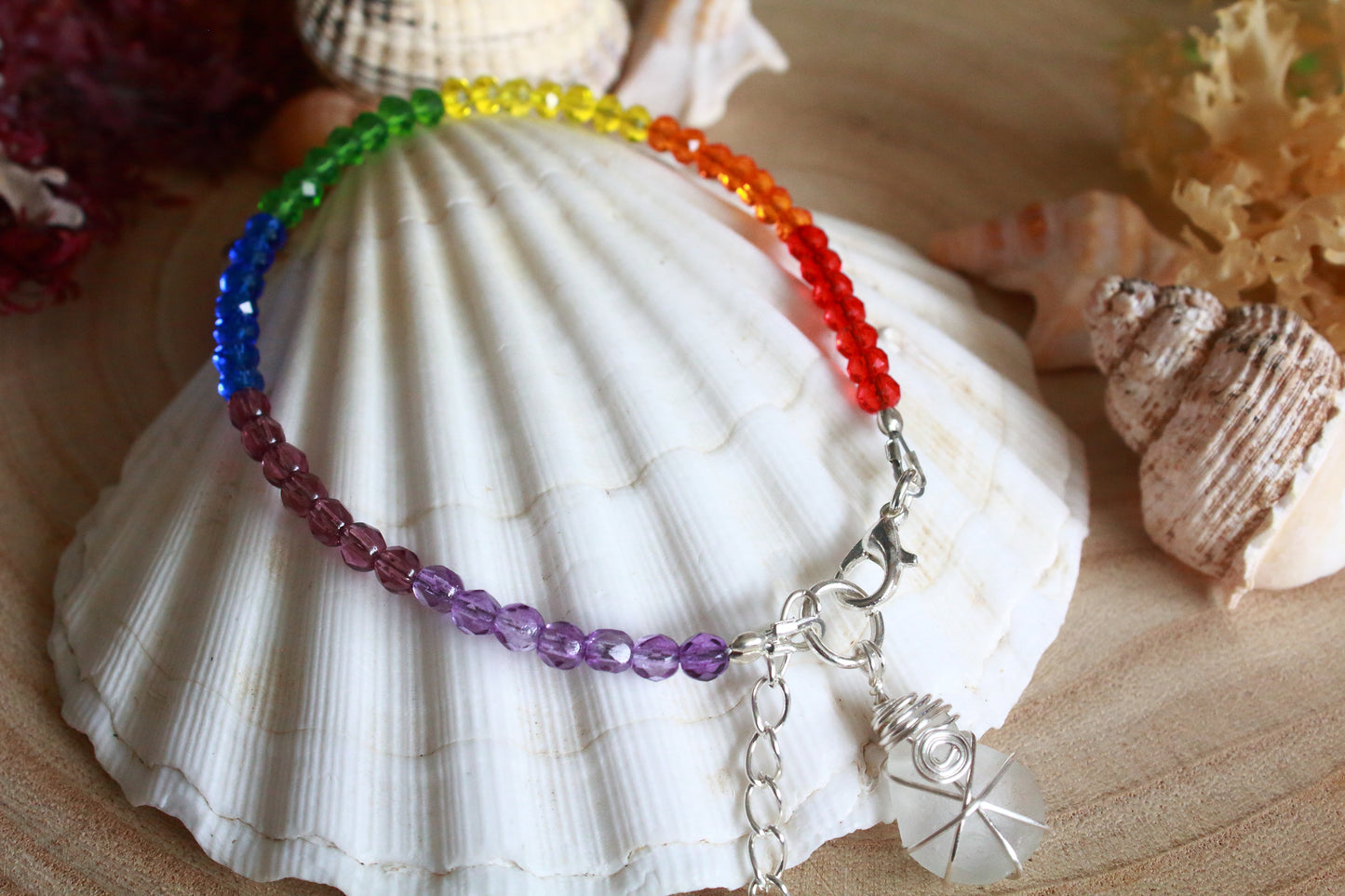 Rainbow Crystal Beaded Irish Sea Glass Bracelet