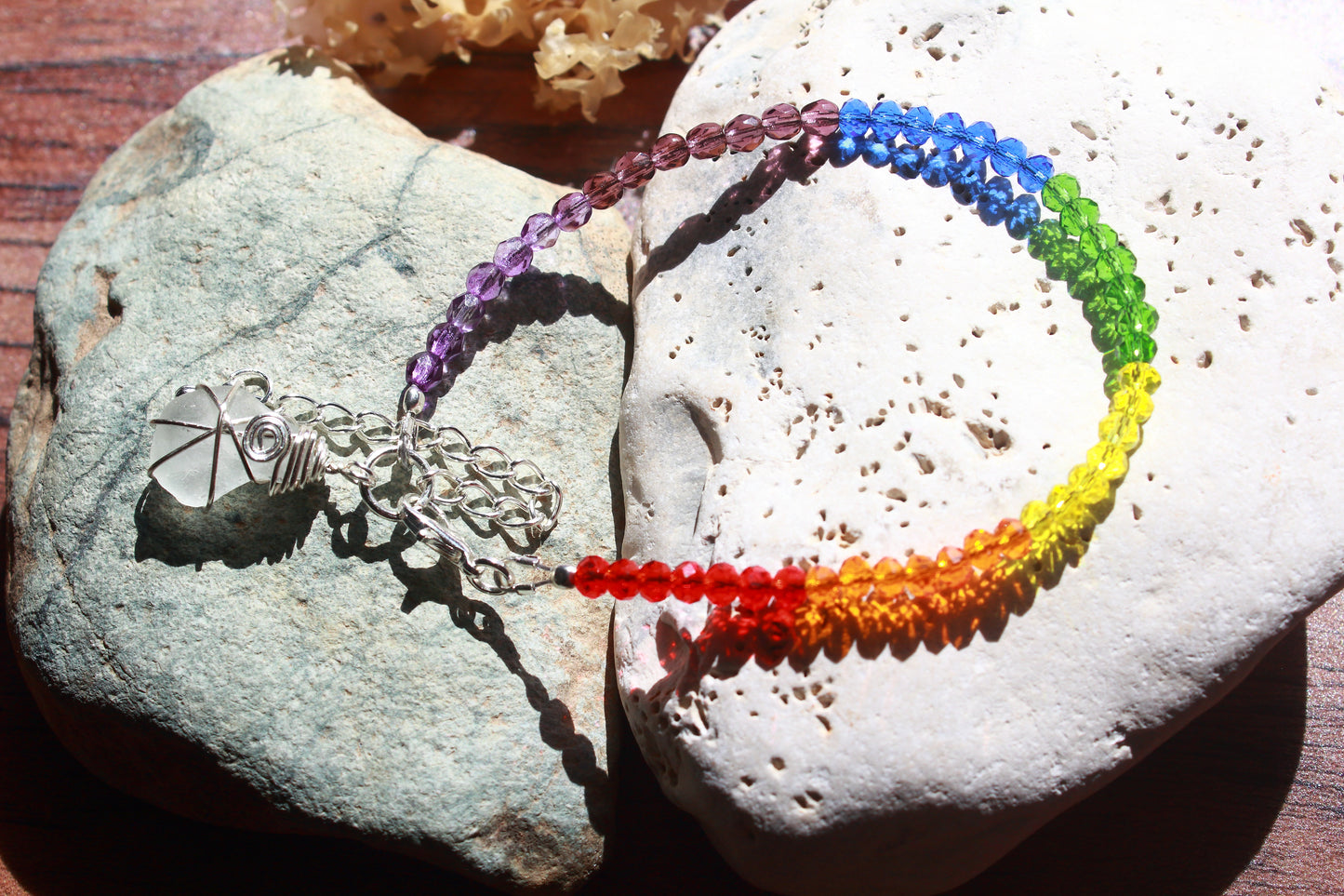 Rainbow Crystal Beaded Irish Sea Glass Bracelet