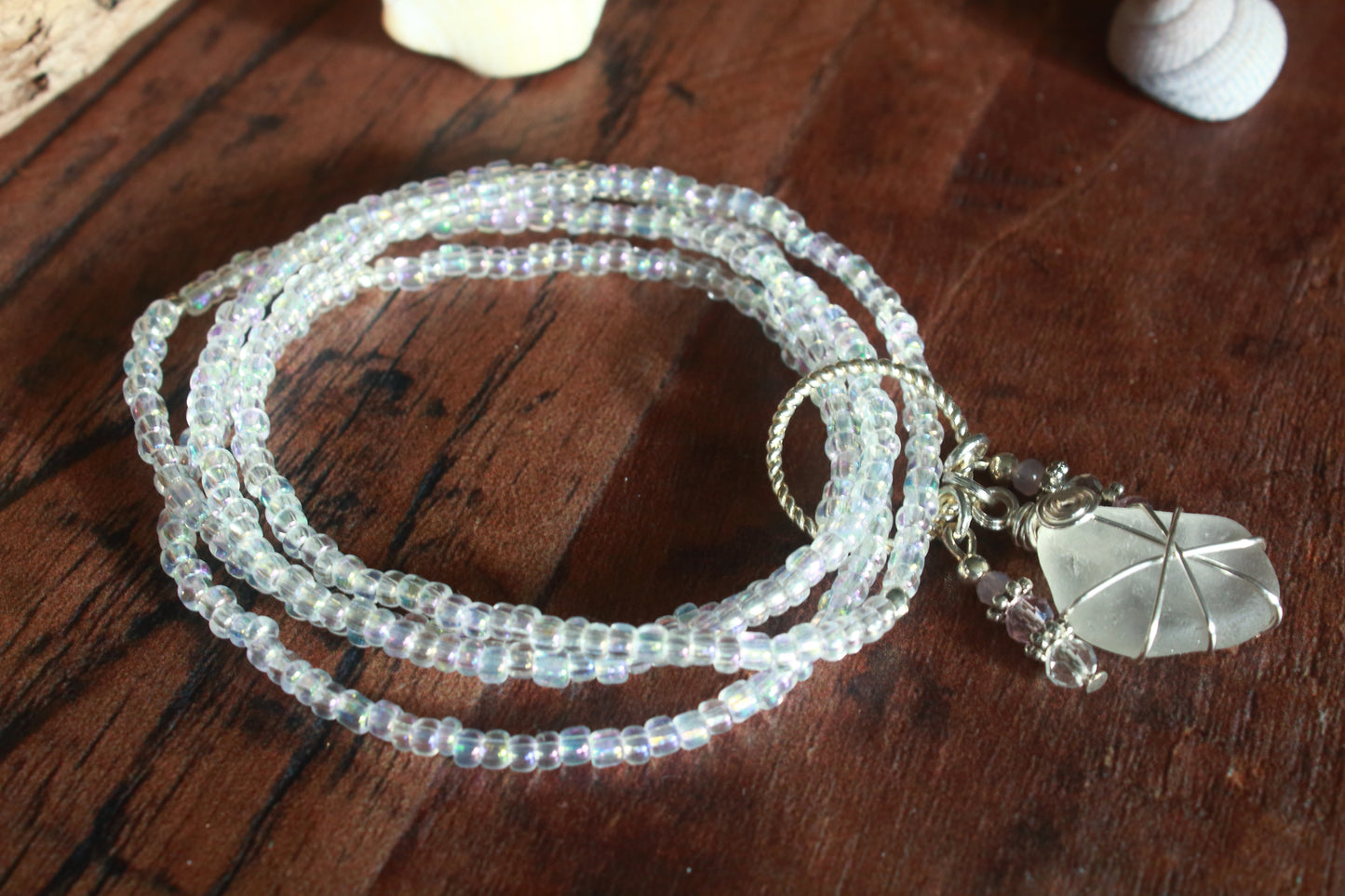 Rainbow Crystal Beaded Sea Glass Bracelet