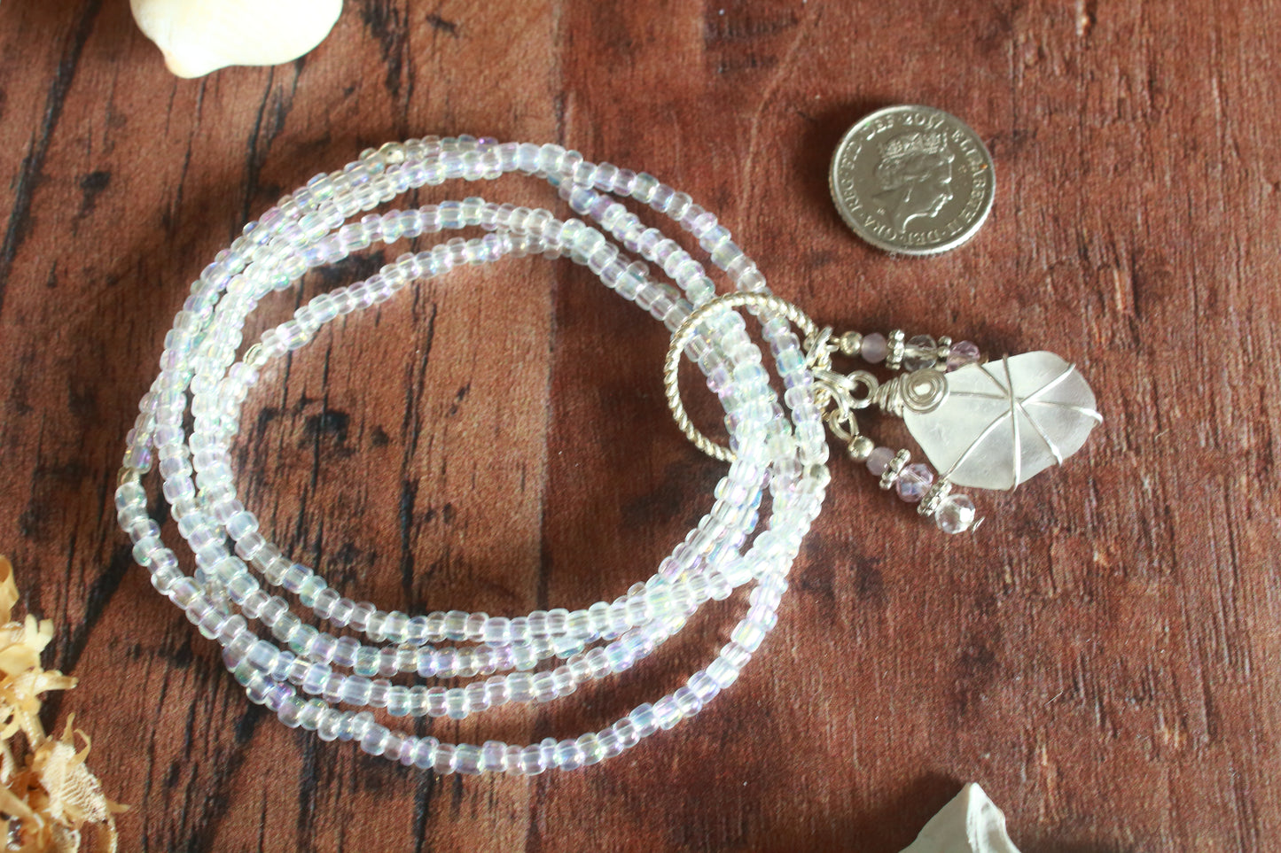 Rainbow Crystal Beaded Sea Glass Bracelet